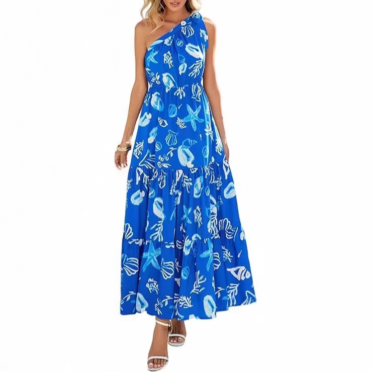 Summer Floral Off-Shoulder Long Dress with Buttoned Ruffles, Bohemian Beach Vacation Wedding Guest Long Gown Summer Floral Off-Shoulder Long Dress with Buttoned Ruffles, Bohemian Beach Vacation Wedding Guest Long Gown