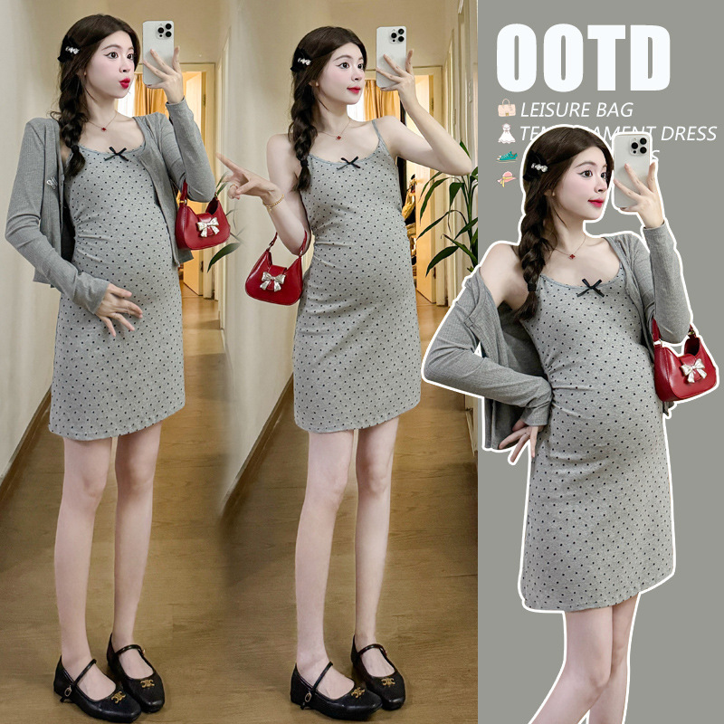 Real shot in stock pregnant women suspenders dress ice silk cardigan women's summer tea wear with a whole suit