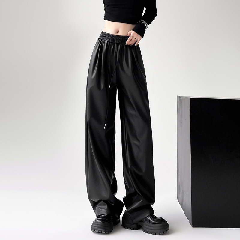 Women's Pants 2025 New High-Waisted Lace-Up Slimming Look Wide-Leg Pants High-End Loose Draped Black Versatile Pu Leather Pants Women's Pants 2025 New High-Waisted Lace-Up Slimming Look Wide-Leg Pants High-End Loose Draped Black Versatile Pu Leather Pants