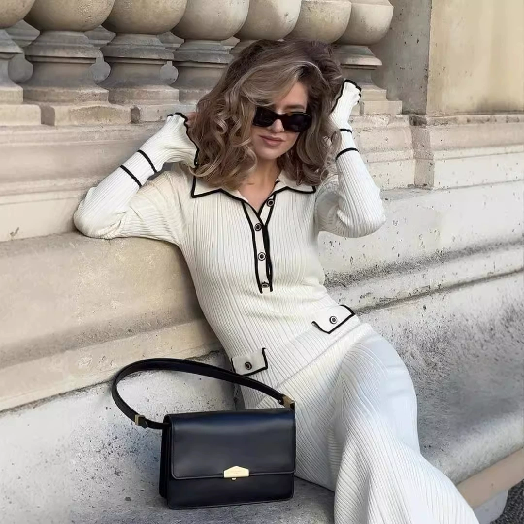 2024 новый осенний новый европейский и американский Amazon трансграничный модный колорит маленький ароматный стиль трикотажный элегантный цельный платье