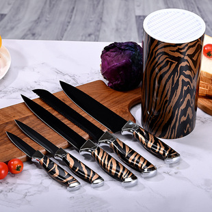 Stainless Steel Double Electroplated Head Knife Set 6-Piece Set with Cylindrical Knife Holder Kitchenware 6-Piece Set