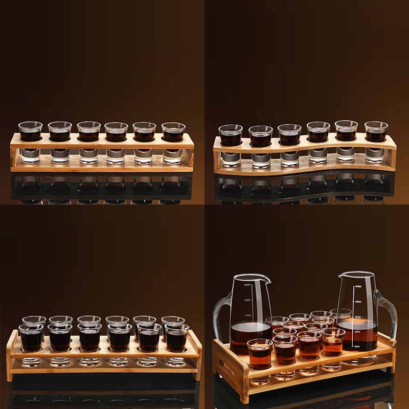 Taza de vino conjunto de taza de bala, taza de vino, taza de vino, taza de vino pequeña, taza de bambú, rack de madera, dispensador de vino, jarro de vino de vidrio