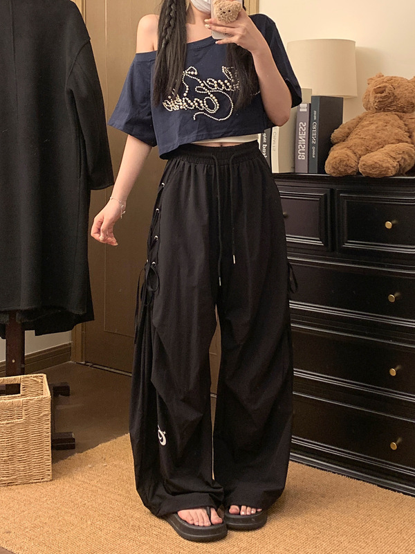 美式运动抽绳绑带速干直筒长裤女夏季爵士街舞宽松休闲工装裤子|undefined