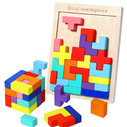 Thickened wooden three-dimensional Tetris puzzle children's spatial thinking educational brain toy building block puzzle board