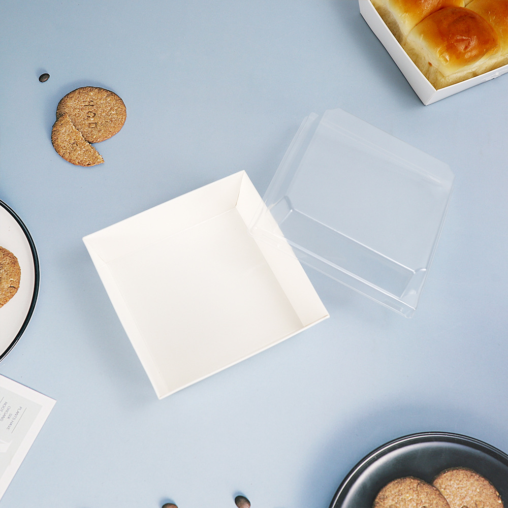 Caja cuadrada de papel y plástico de tamaño medio, caja de pan de sándwich, mousse, nieve, caja de pan Tiandi, caja de embalaje para hornear, punto oeste