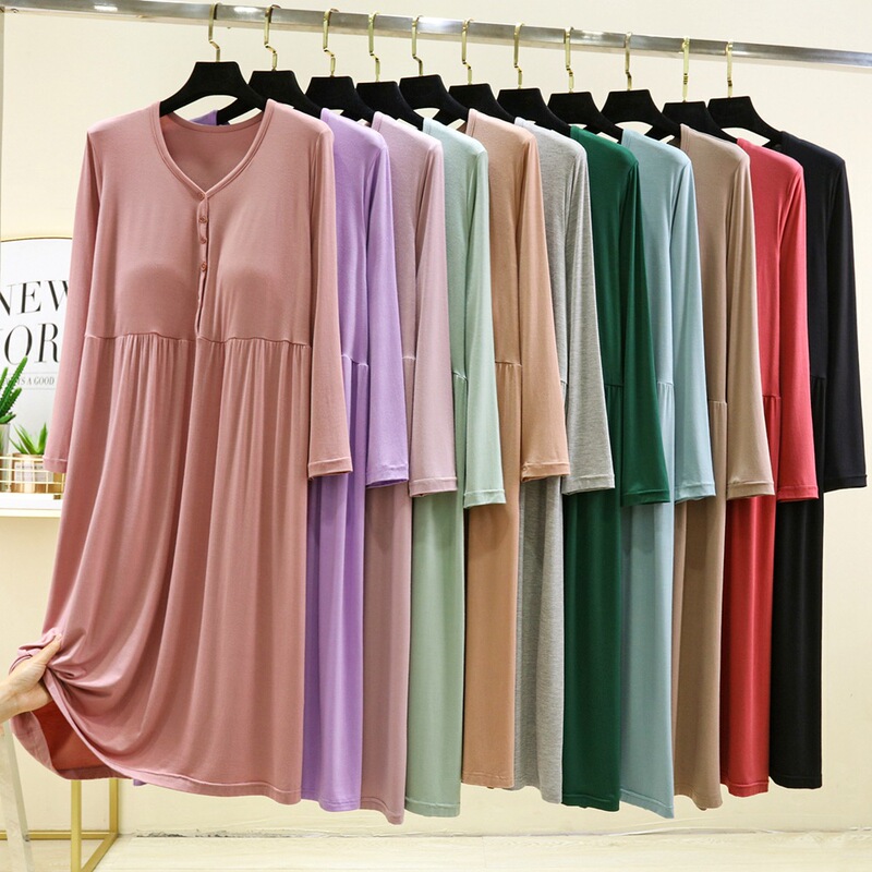 Modal Bra-free Button dress Women's Loose plus size Home Clothes Nightdress Maternity Dress Mid-length Breastfeeding