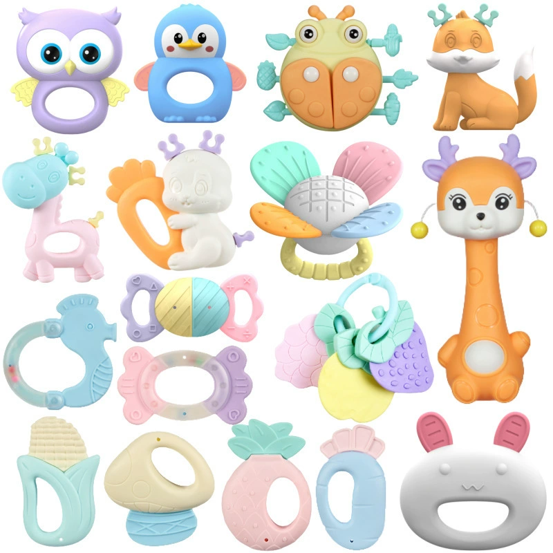 跨境亚马逊摇铃玩具配件婴儿水煮摇铃玩具抓握可咬牙胶床铃挂件