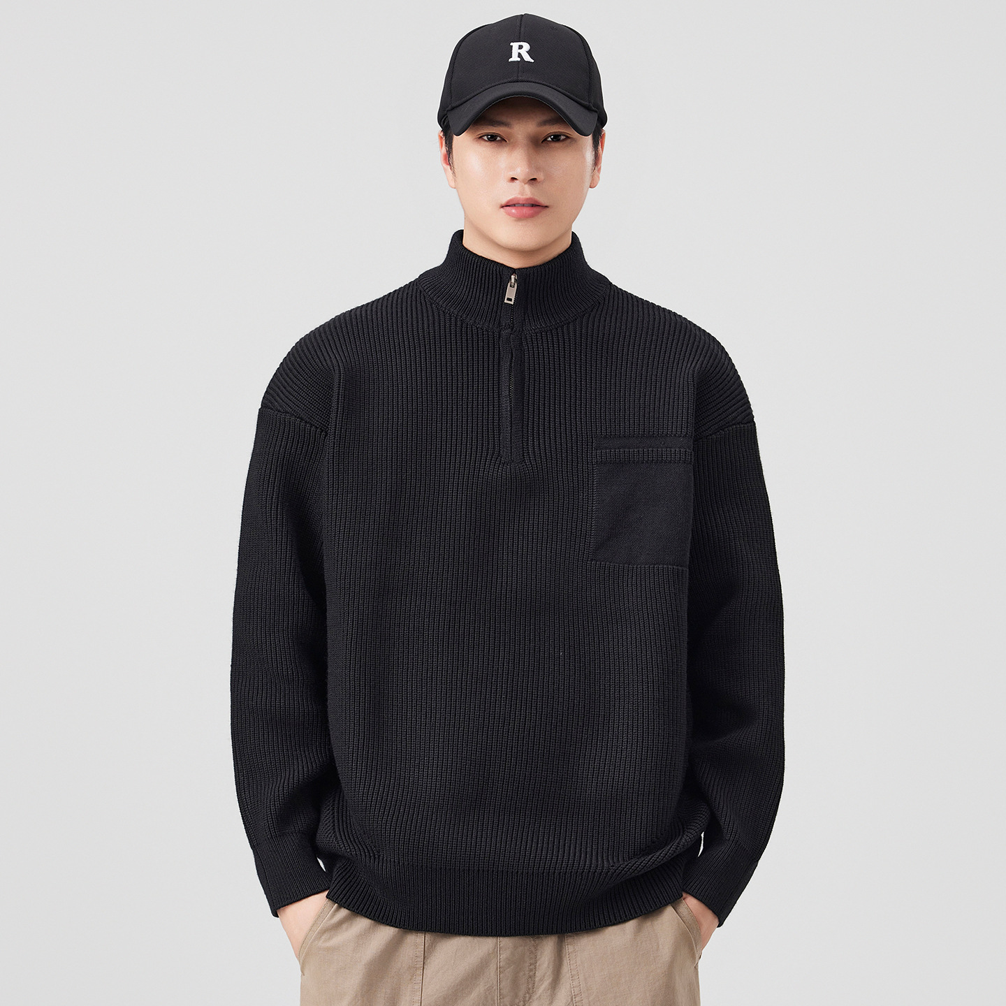 Camisas de punto de cuello vertical con medio cremallera para hombres retro americano suelta otoño y invierno 2025 nuevo suéter de moda pareja de moda
