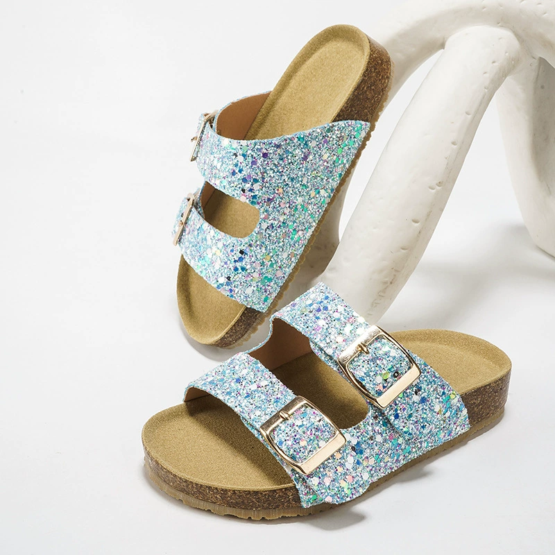 2025 детские летние новые двойные пуговицы шлепанцы корейские пробковые туфли для девочек носить домашнюю нескользкую обувь Birken