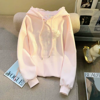 蕾丝花边设计宽松连帽卫衣女秋小个子穿搭韩系上衣外套