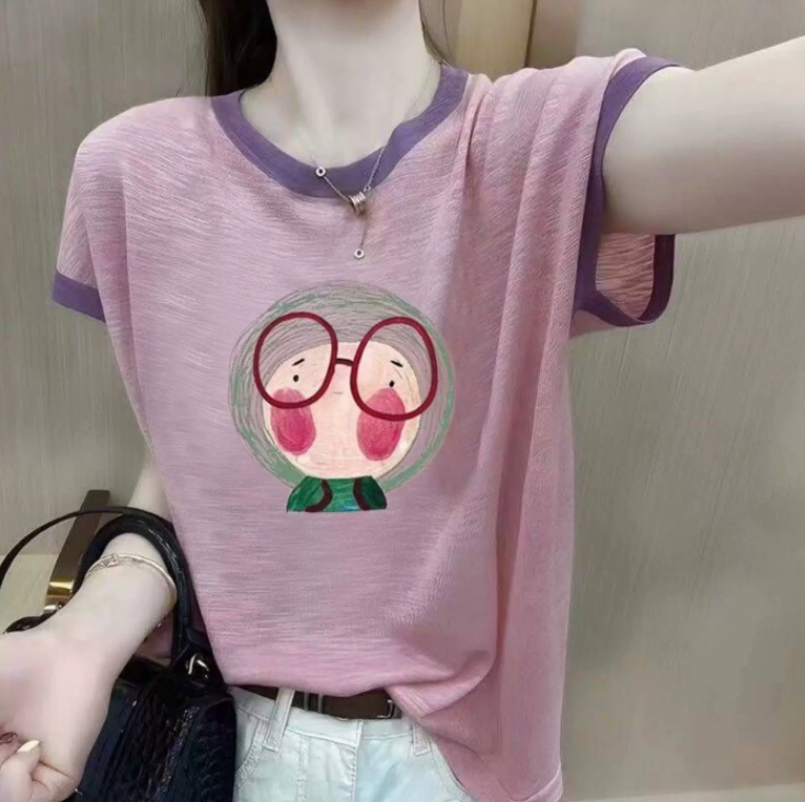 European Style Bamboo Cotton Printed Short-Sleeve Knit T-Shirt for Women, Summer Thin Color-Blocking High-End Trendy Top