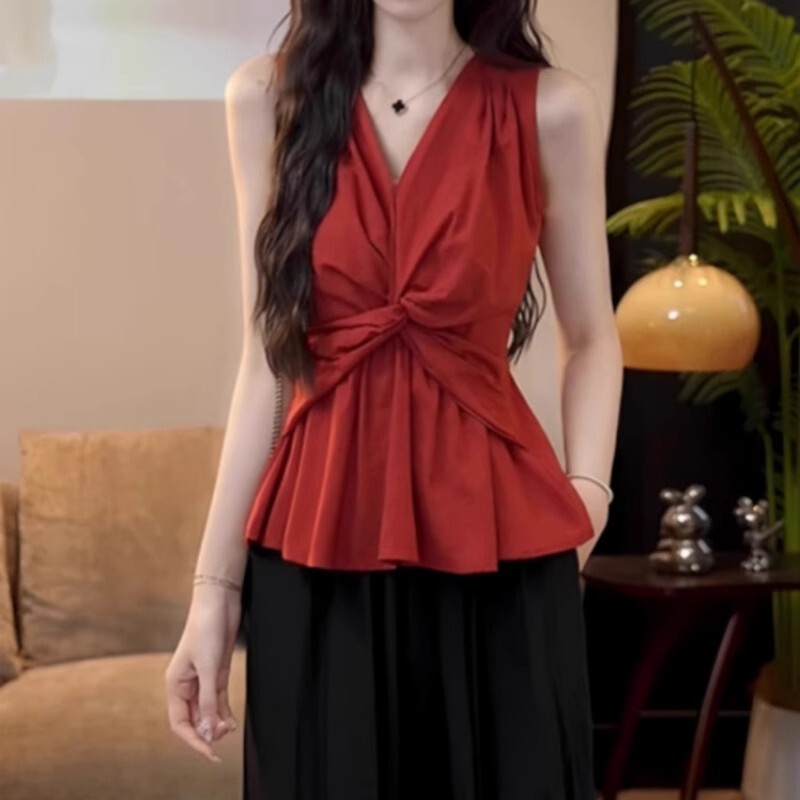 Pure Desire Sexy V-Neck Twist Waist Cotton and Linen Sleeveless Vest Women's Summer Super White Red Temperament Beautiful Top