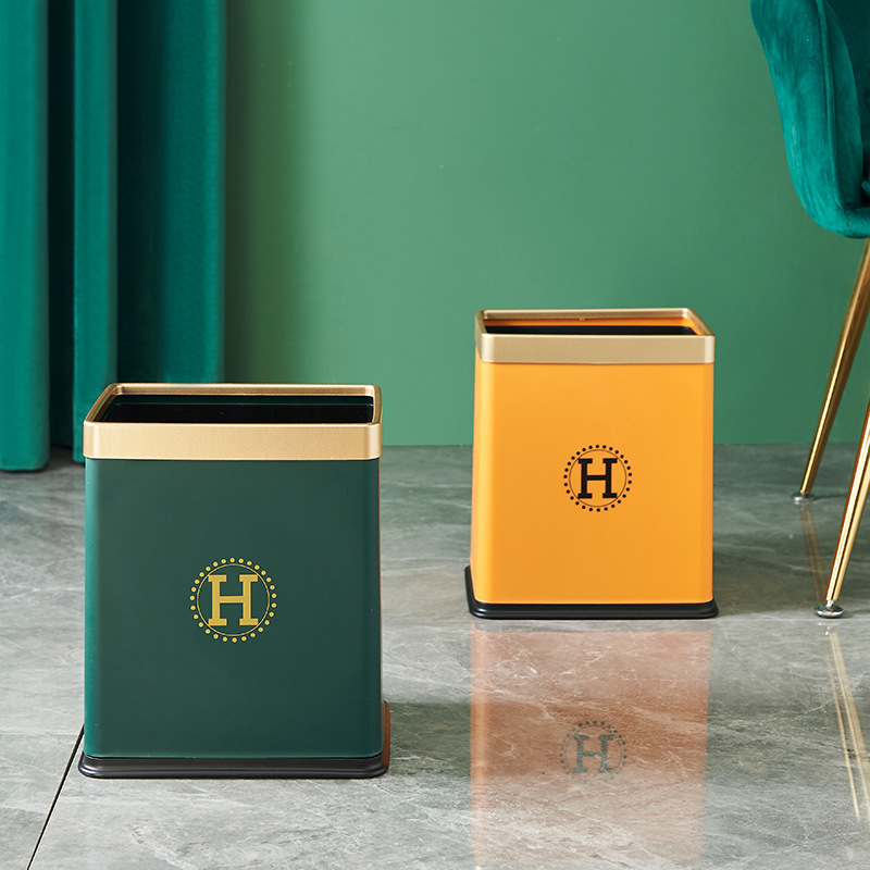 Light luxury gold-edged lidless trash can, household double-layer large-caliber living room kitchen round large-sized office wastebasket