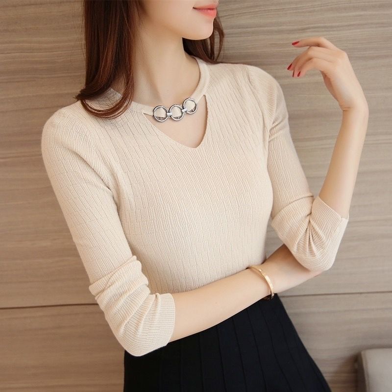 Versatile Fashionable Stretch Knit Sweater for Women 2026 Spring and Autumn New Slim Fit Slimming Age-Reducing Long Sleeve Base Shirt Trendy