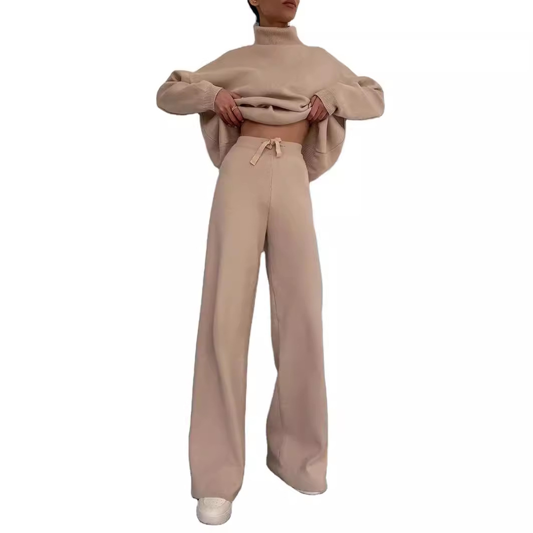 Women's Clothing long sleeved brown temperament wide leg pants fashionable loose high necked casual two piece sweatshirt_voghion.com