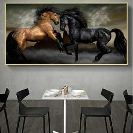 高清现代简约单幅两匹马灰色黑色马 喷绘画 创意沙发背景墙油画