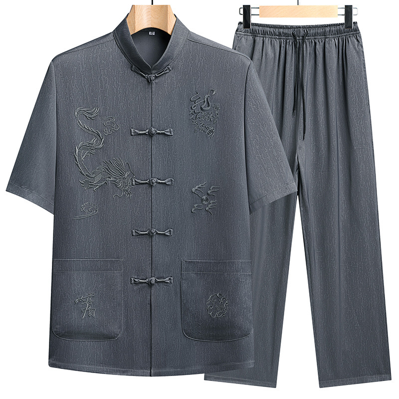 2026 New Men's Short-Sleeve Tang Suit Summer Chinese Style Grandpa Birthday Outfit Set Embroidered Father's Two-Piece Set
