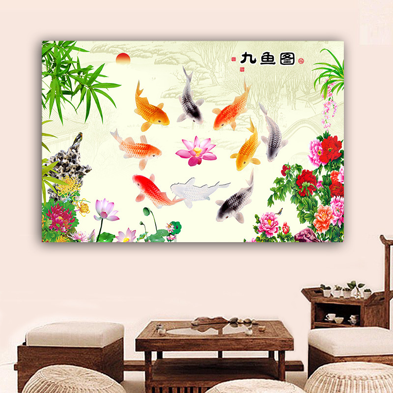 九魚図装飾画招財風水客間廊下通路入戸玄関壁画ハスの花竹壁貼り掛け絵|undefined
