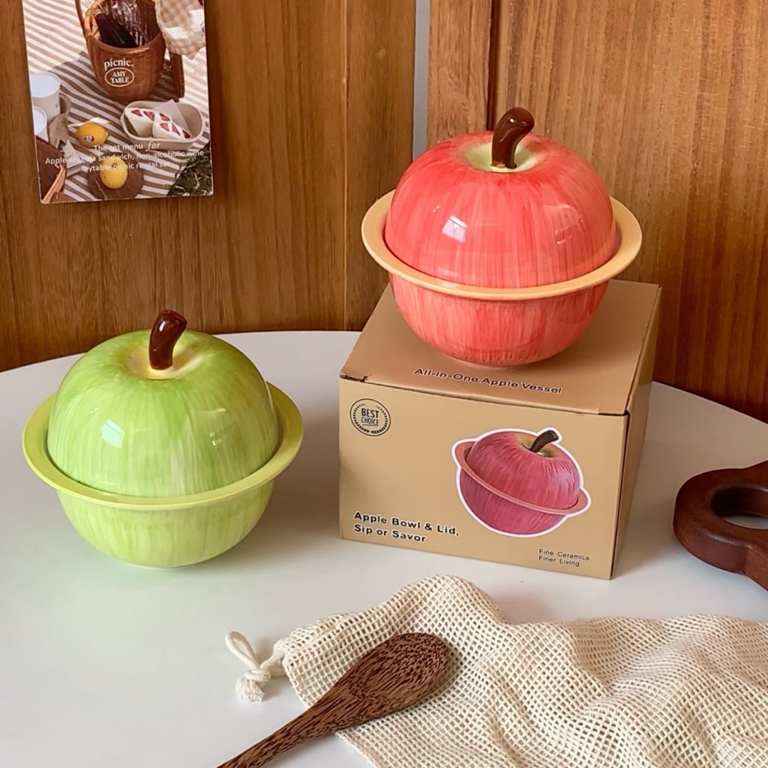 Creative Apple Stew Pot, Water-Insulated, for Home Use, Single-Serving Bird's Nest Stew Pot, Ceramic Dessert Cup with Lid, Soup Jar
