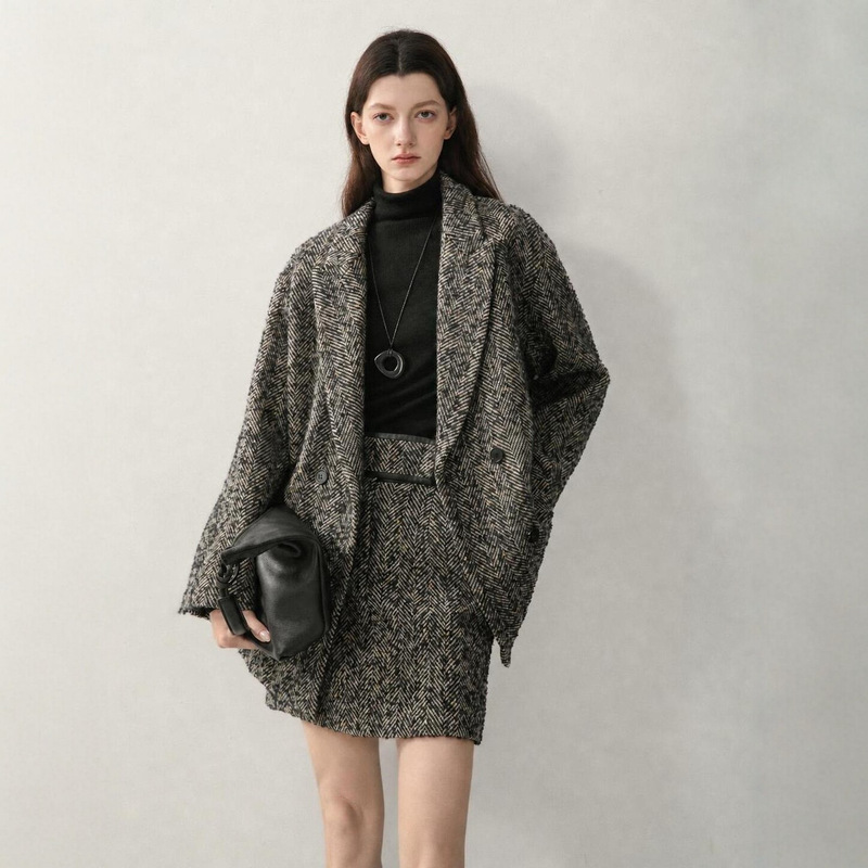 Autumn and winter British retro 30% wool light luxury old money style herringbone pattern wide-leg suit and skirt set Autumn and winter British retro 30% wool light luxury old money style herringbone pattern wide-leg suit and skirt set