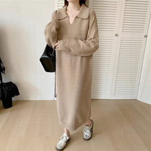 胖MM时尚减龄长袖V领针织连衣裙秋季慵懒风内搭长裙宽松毛衣裙子