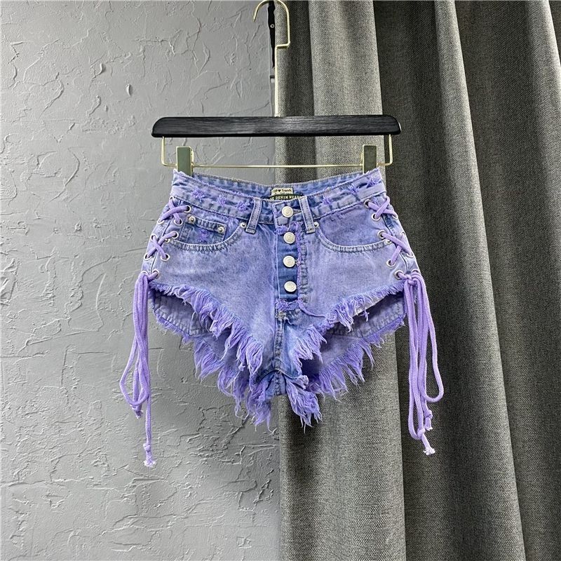 Purple Tassel Lace-Up Denim Shorts for Women Summer High-Waisted Buttoned Ins Trendy Sexy Raw Edge Slimming Look A-Line Wide-Leg Hot Pants Purple Tassel Lace-Up Denim Shorts for Women Summer High-Waisted Buttoned Ins Trendy Sexy Raw Edge Slimming Look A-Line Wide-Leg Hot Pants