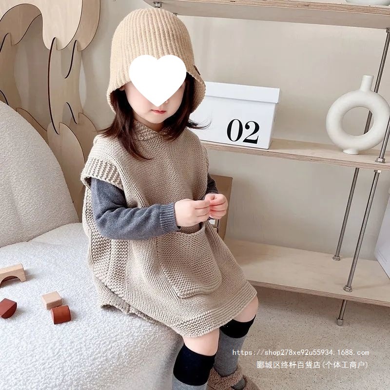 童装女童马甲春季新款慵懒大口袋小众连帽针织宝宝中小童毛衣马甲
