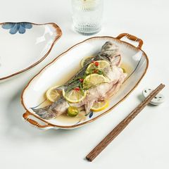 中国式釉薬下彩双耳魚皿家庭用2025新型蒸し魚料理皿陶磁器食器厚手大サイズ深皿