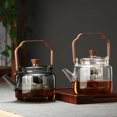High borosilicate glass teapot walnut wood smoky gray handlebar teapot double-bile teapot heated by open flame