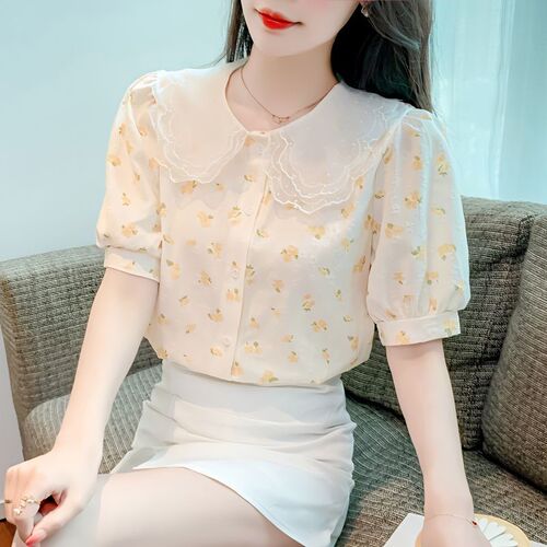 Lace Baby Collar Short Sleeve Floral Print Women's Summer Year Loose Slimming Chiffon Open Top Fashion