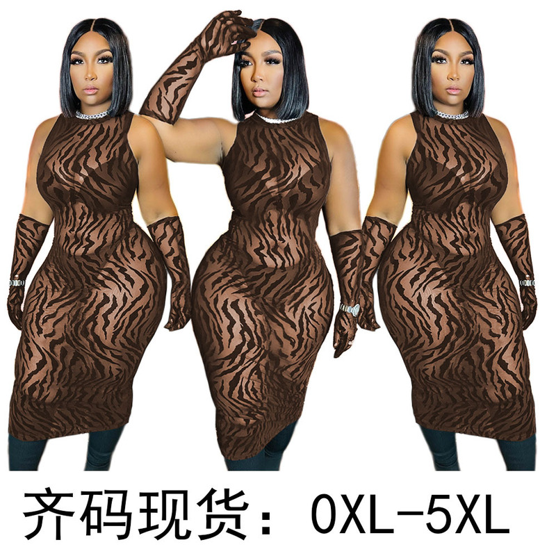 GT9109 Large Size Perspective Mesh Print Dress with Gloves GT9109 Large Size Perspective Mesh Print Dress with Gloves