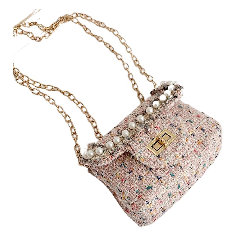 Venta al por mayor 2019 nuevo estilo Chanel Pearl bolso de hombro para niños Cadena de algodón y lino bolso de mensajero princesa monedero para niños
