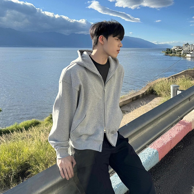 American cleanfit Solid Color Hooded Sweater Men's Autumn Retro Lazy Casual Explosions Loose Cardigan Jacket