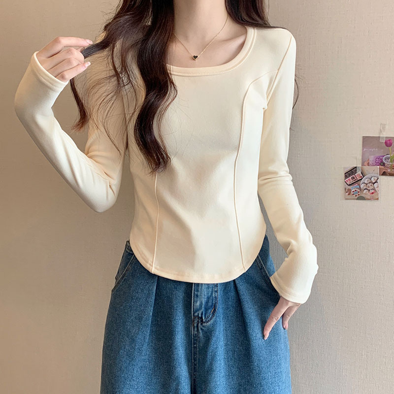 正肩长袖T恤女秋冬新款鱼骨纯棉方领内搭修身设计感上衣打底衫ins|undefined