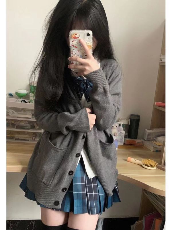 甜美学院风纯色毛衣女校供感宽松百搭纯色长袖领针织开衫套装|undefined