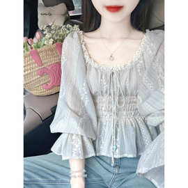 法式淡灰色圆领上衣女装夏季2025春季好看减龄洋气百搭外穿衬衫