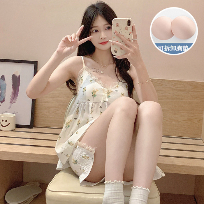 2024 verano nuevo pijama mujer tejido nubes de algodón cinturón cojín de pecho cabina niña dulce y fresco conjunto de ropa para el hogar