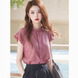 木耳边立领亚麻小飞袖衬衫女设计感小众夏季别致漂亮小衫上衣