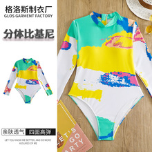 夏季泳装女款欧美新款连体泳衣女印花长袖比基尼性感女士泳装批发