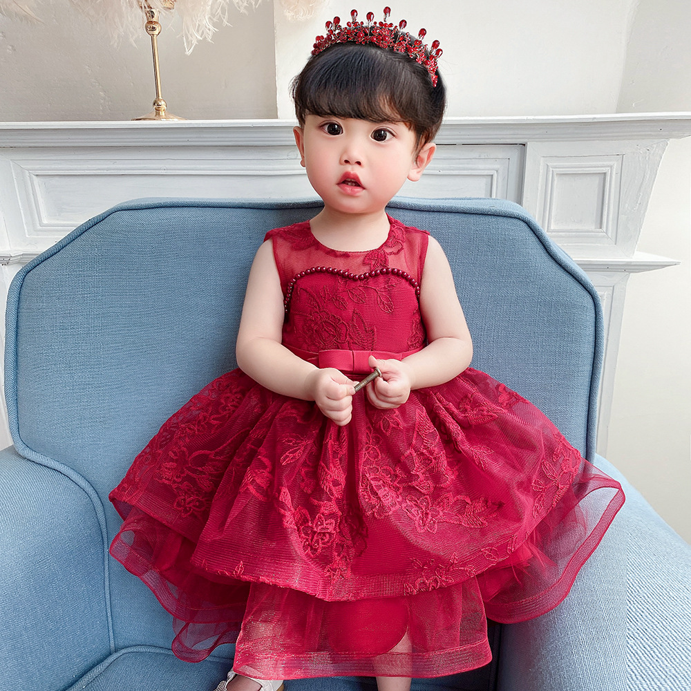 兒童禮服公主裙拖尾 珍珠蕾絲蓬蓬裙跨境周歲禮服 寶寶 kid dress