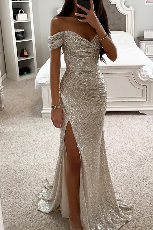 Women's Party Dress Classic Style V Neck Sequins Slit Zipper Sleeveless Solid Color Maxi Long Dress Banquet Party display picture 3