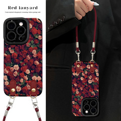 满屏玫瑰挂绳适用iphone16promax手机壳11瞳眼羊皮苹果15硅胶14女
