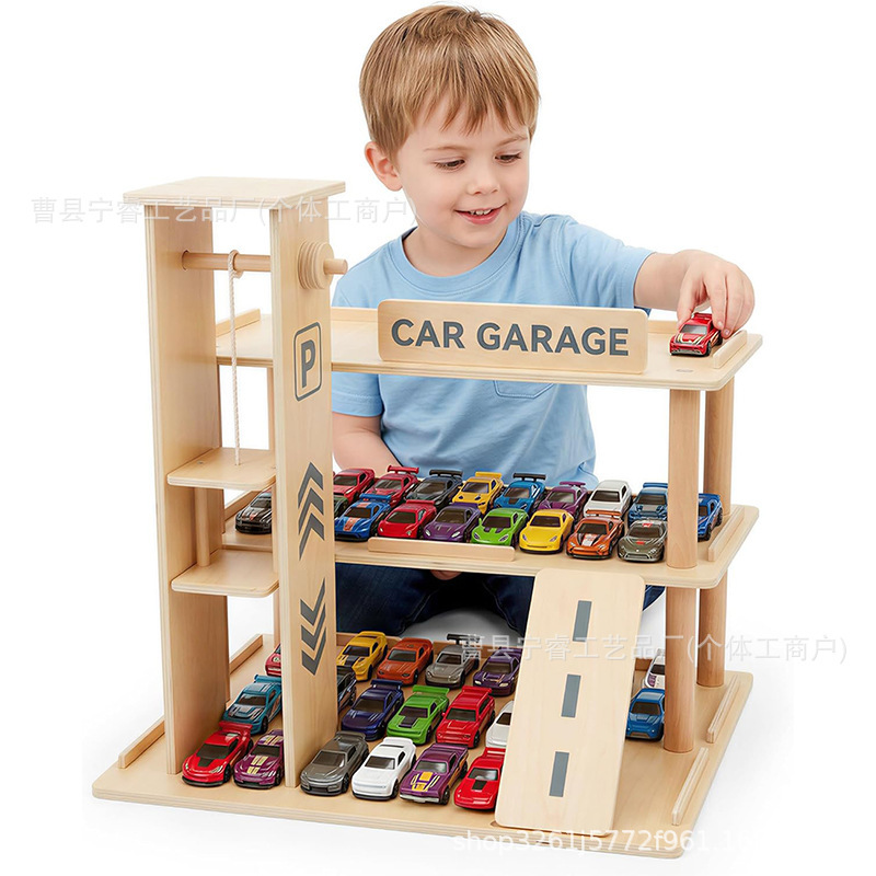 Wooden Toy Car Rack Multi-Layer Children's Racing Car Storage Rack with Track Car Display Rack Educational Toys