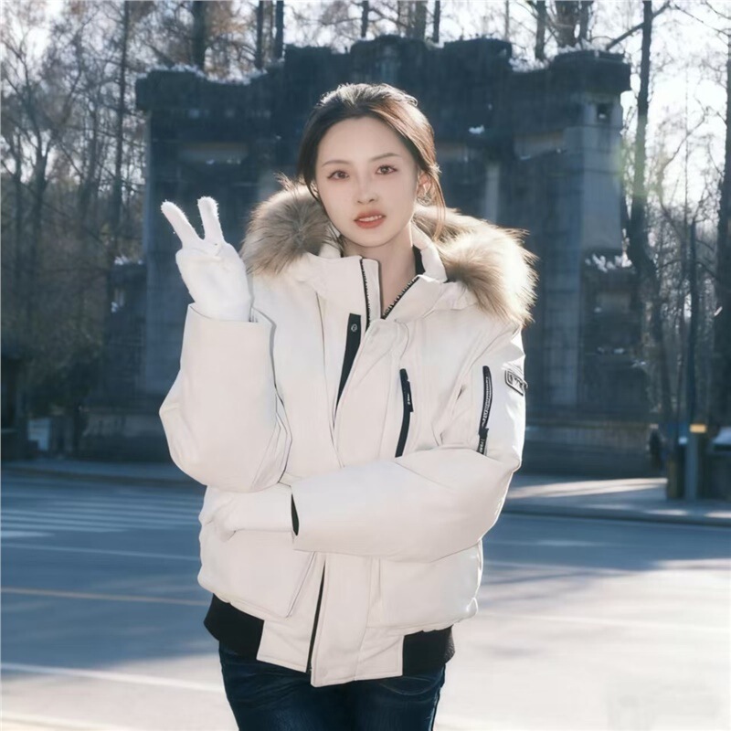 Winter New Mlb Yankees 3Rd Generation Zhang Linghe Same Style Thickeneded Hooded Fur Collar down Jacket Women's Short Warm Outerwear