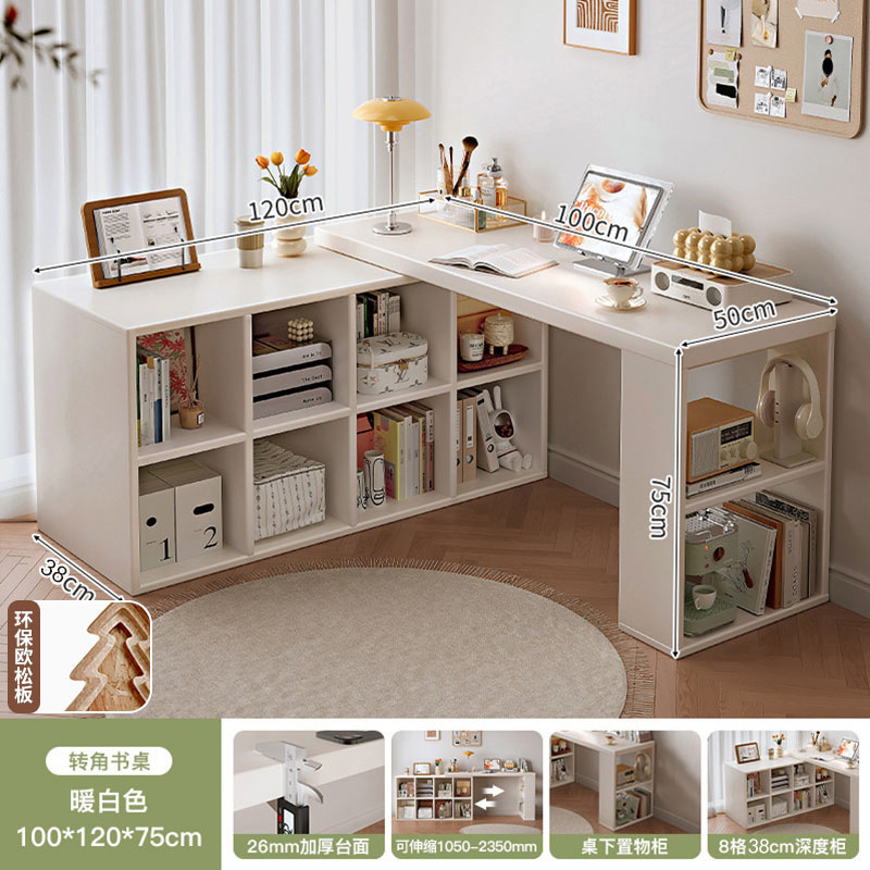 Escritorio al lado de la cama del dormitorio de las niñas con estantería, tocador, escritorio de computadora de esquina de un cuerpo, banco de trabajo retráctil