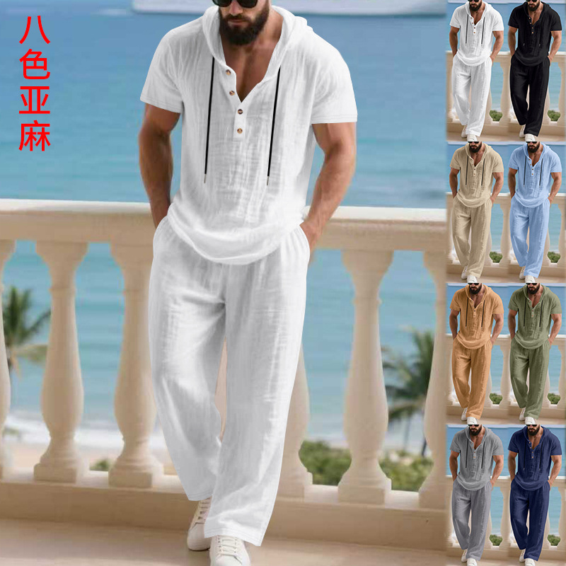 Cross-Border Amazon Summer Men's Casual Loose Linen Breathable Beach Short-Sleeved Hoodie and Pants Set