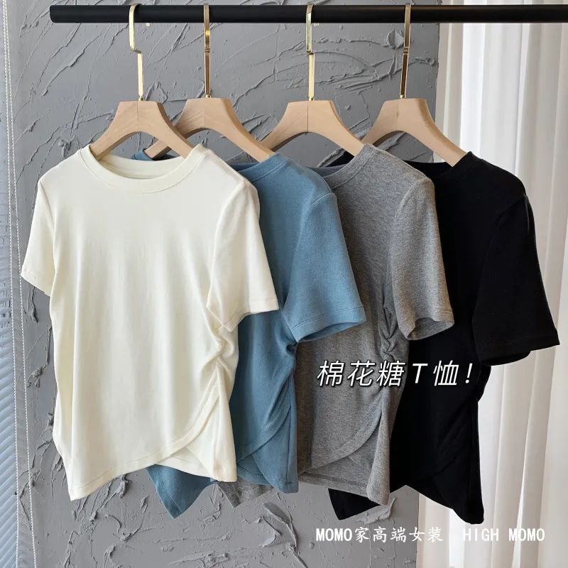 High-end Women's Pleated Top Cute Hem Side Slit Irregular Chic Design Short-sleeved T-shirt Women's Summer