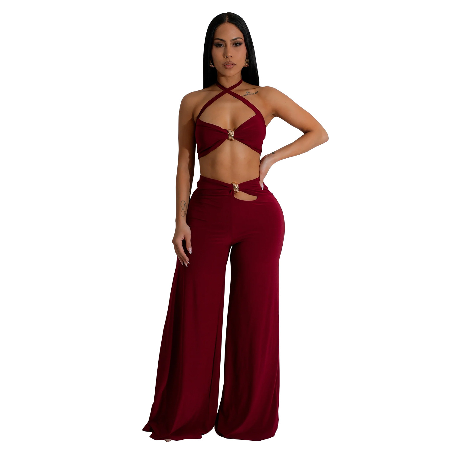 C7236 Aliexpress transfronterizo Amazon Europa y América ropa de moda de mujer de color sólido sexy pantalones de pecho de dos piezas nuevos