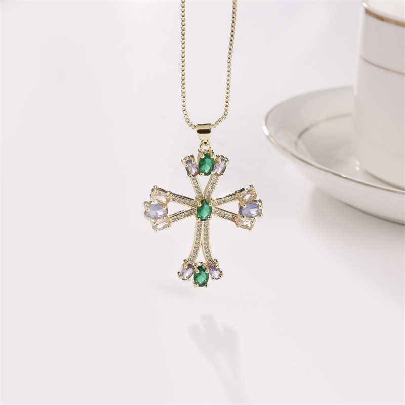 fashion copper micro-inlaid zircon cross pendant copper necklace