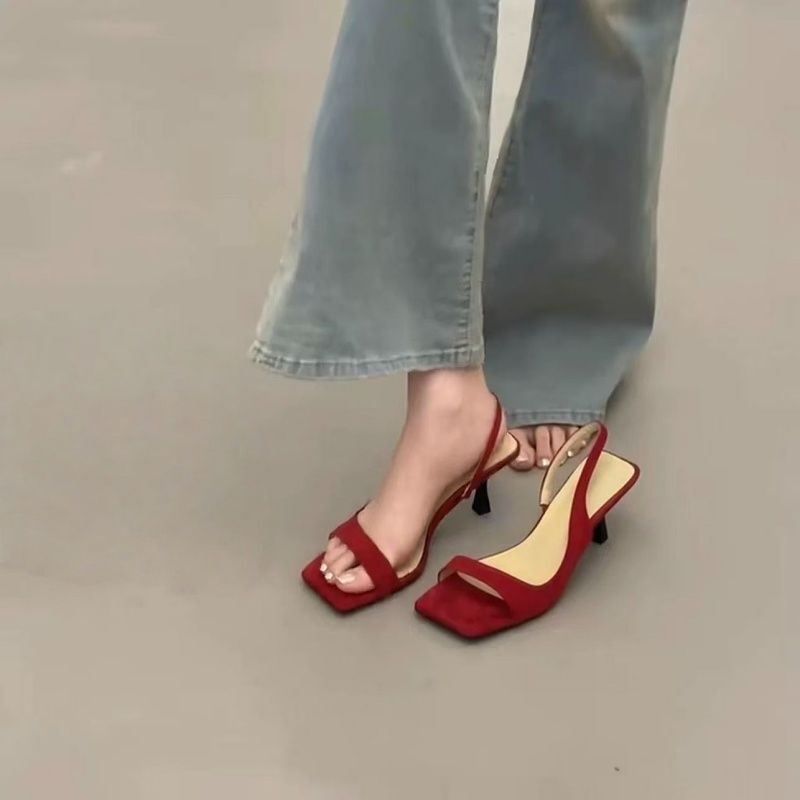 ファッショナブルなスクエアトゥのオープントゥサンダル、女性用、夏用フレンチスタイル、スカート付き、スティレットヒール、ブラックハイヒール|undefined